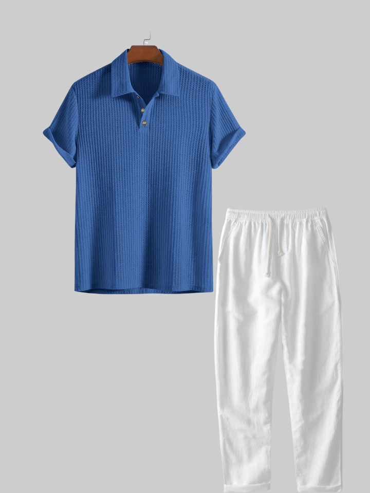 Two Pieces Outfits  Linen Rayon Blend Button Up Shirt & Straight Leg Linen Pants