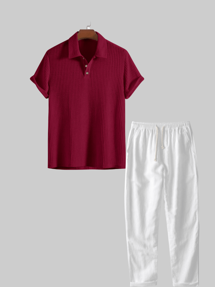 Two Pieces Outfits  Linen Rayon Blend Button Up Shirt & Straight Leg Linen Pants