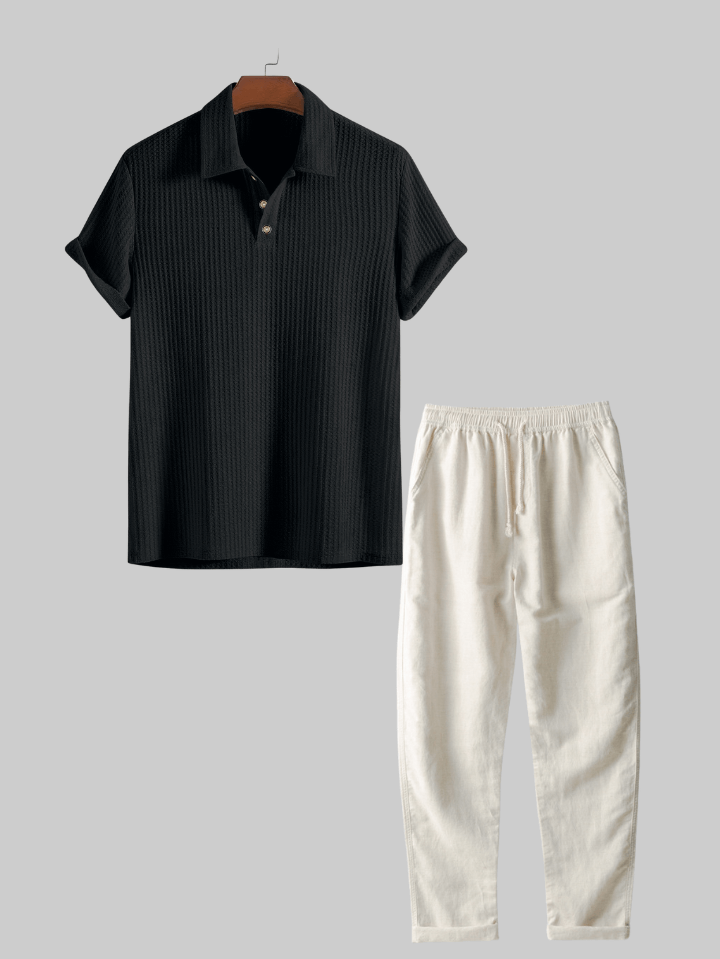 Two Pieces Outfits  Linen Rayon Blend Button Up Shirt & Straight Leg Linen Pants