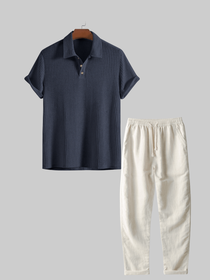 Two Pieces Outfits  Linen Rayon Blend Button Up Shirt & Straight Leg Linen Pants