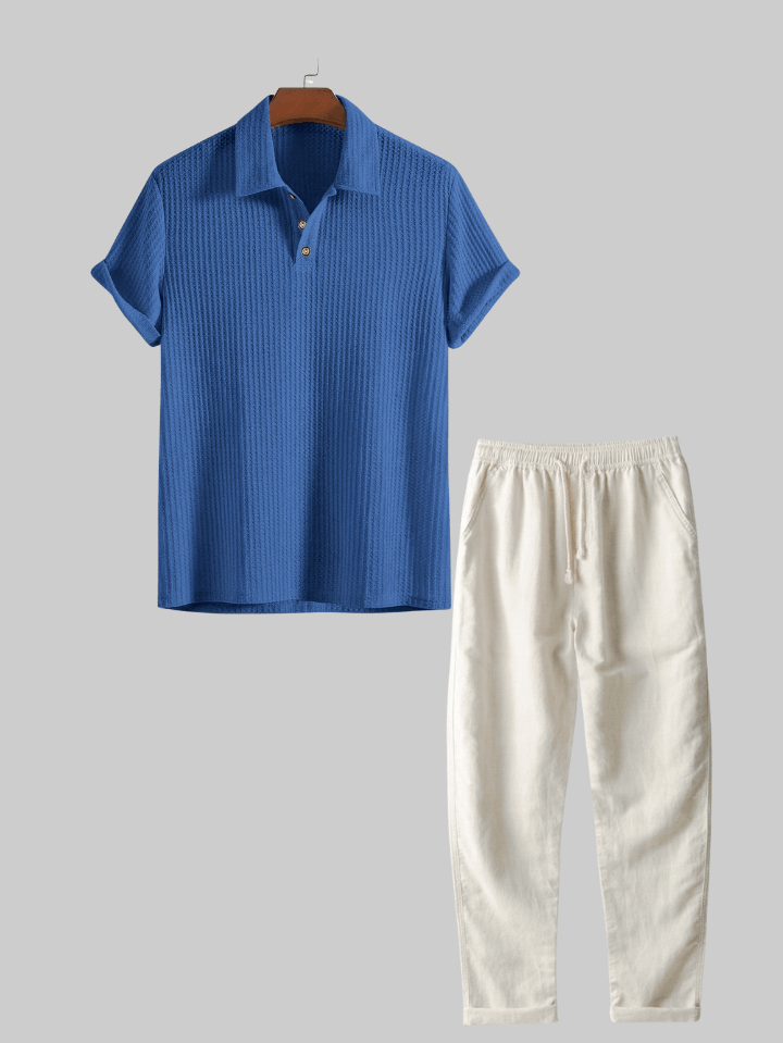 Two Pieces Outfits  Linen Rayon Blend Button Up Shirt & Straight Leg Linen Pants