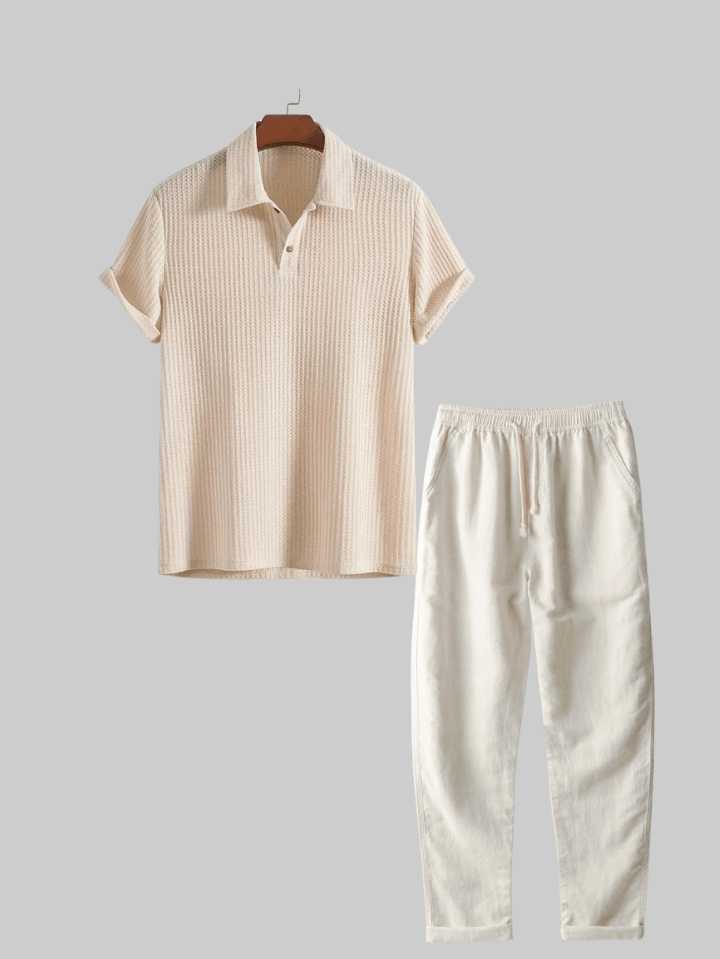 Two Pieces Outfits  Linen Rayon Blend Button Up Shirt & Straight Leg Linen Pants
