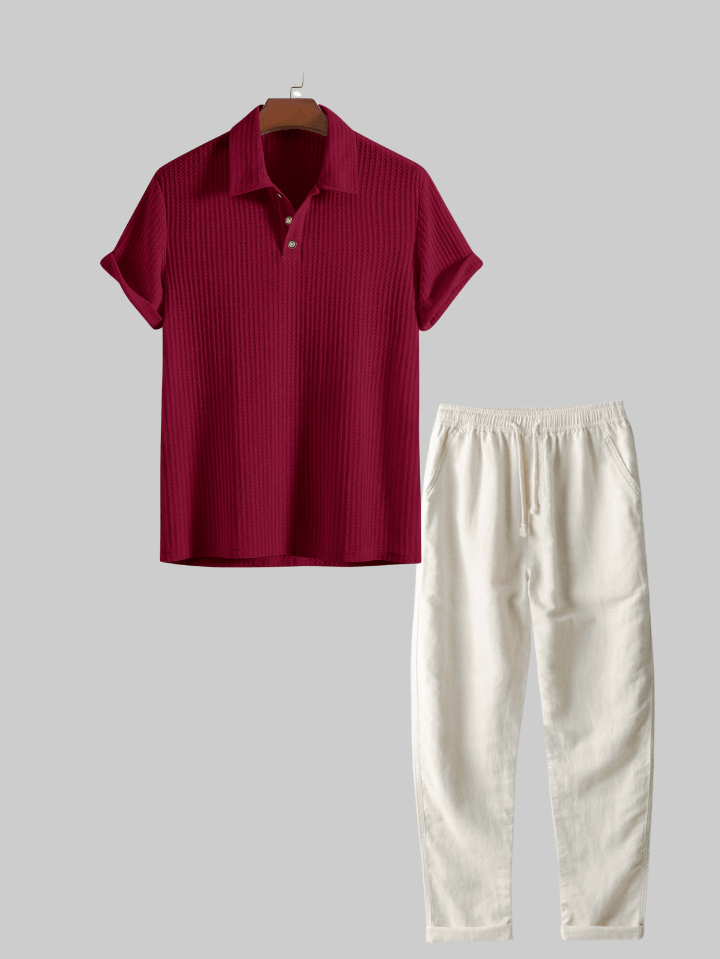 Two Pieces Outfits  Linen Rayon Blend Button Up Shirt & Straight Leg Linen Pants