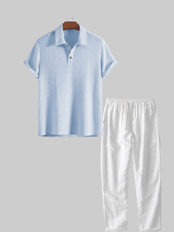 Two Pieces Outfits  Linen Rayon Blend Button Up Shirt & Straight Leg Linen Pants