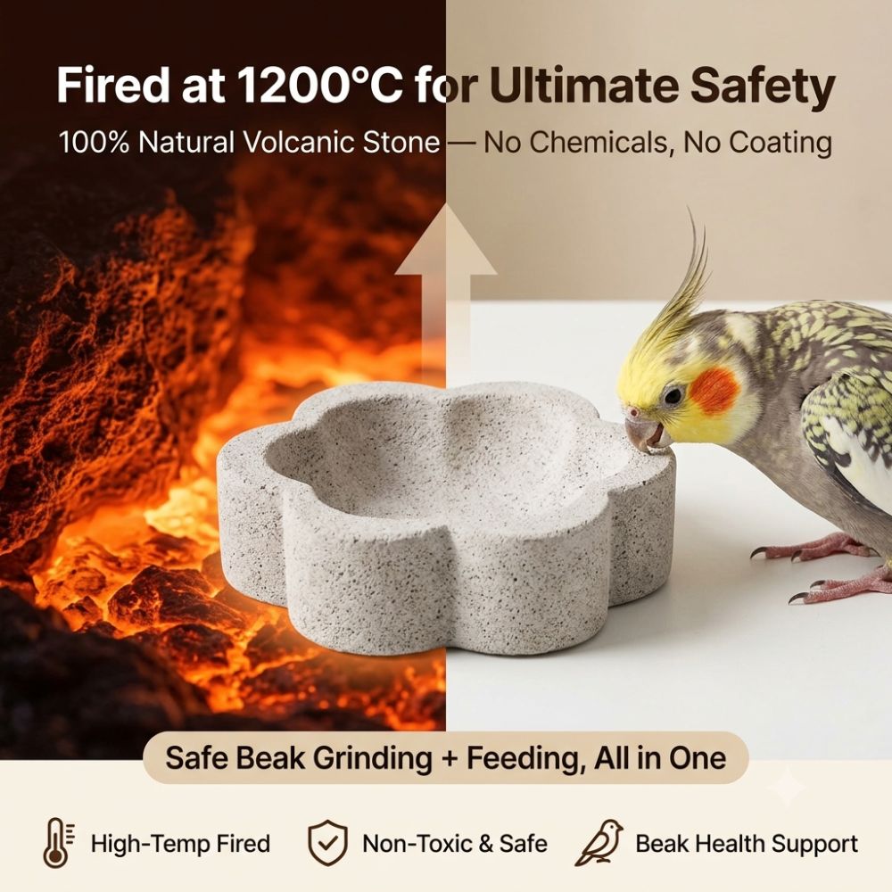 Natural Lava Stone Bird Feeder Bowl – 2-in-1 Beak & Claw Trimming Food Dish