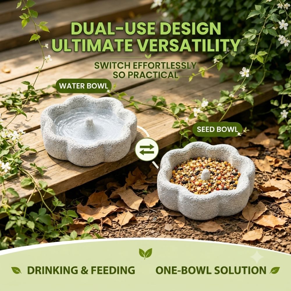 Natural Lava Stone Bird Feeder Bowl – 2-in-1 Beak & Claw Trimming Food Dish