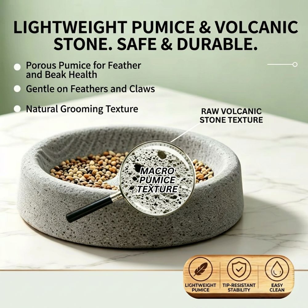 Natural Lava Stone Bird Feeder Bowl – 2-in-1 Beak & Claw Trimming Food Dish