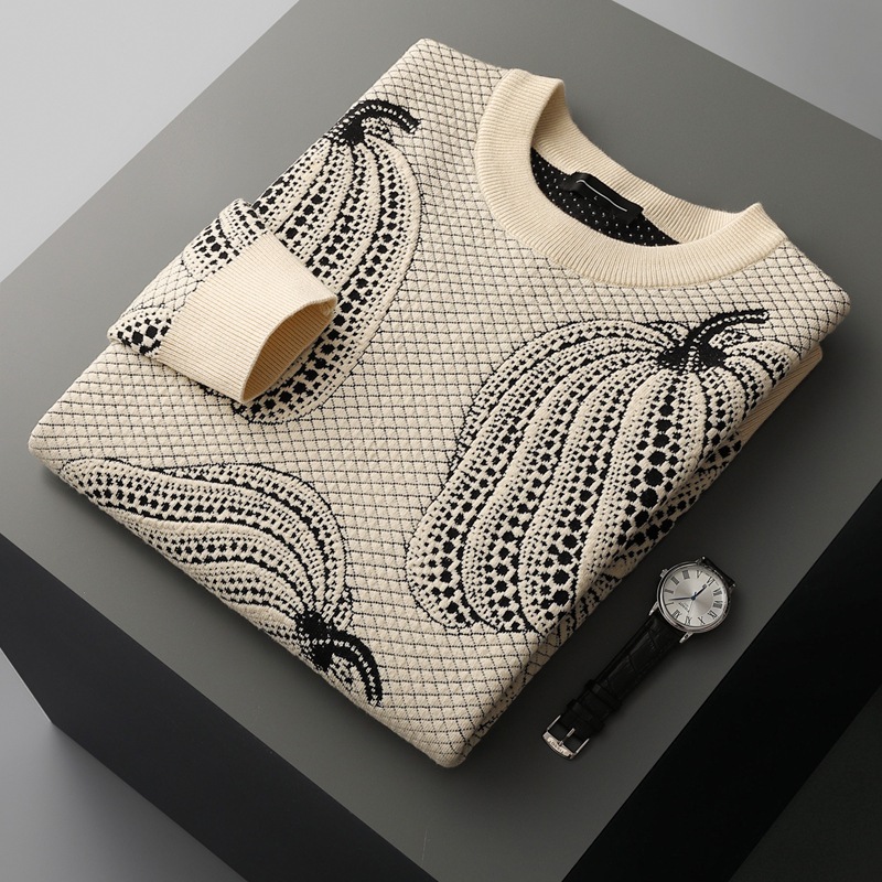 "Men's wool sweater with a 3D pumpkin knit pattern."