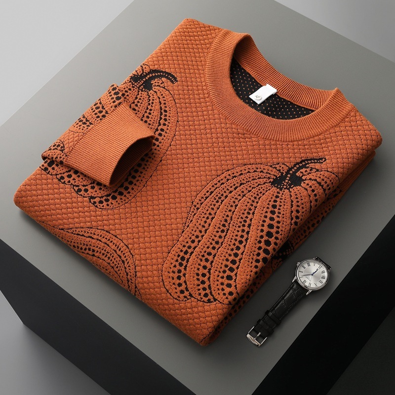 "Men's wool sweater with a 3D pumpkin knit pattern."