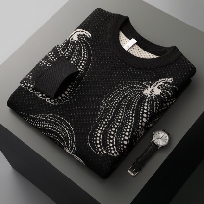 "Men's wool sweater with a 3D pumpkin knit pattern."