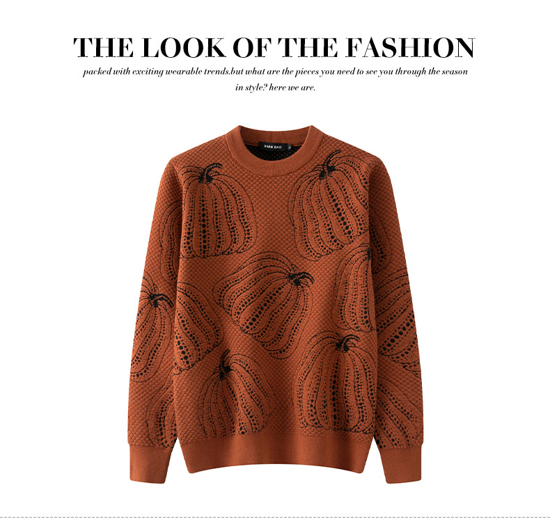 "Men's wool sweater with a 3D pumpkin knit pattern."