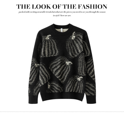 "Men's wool sweater with a 3D pumpkin knit pattern."