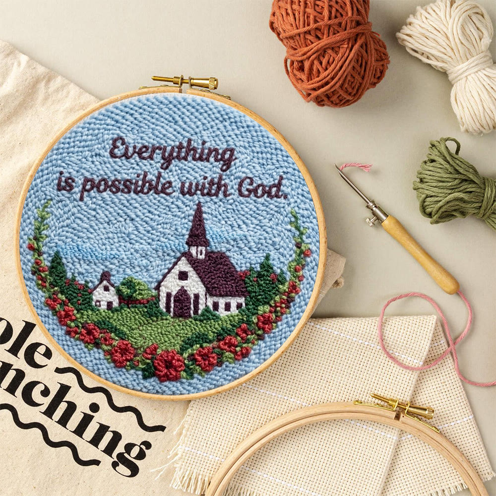 Ruhige ländliche Kleinstadt mit blauem Himmel – Punch-Needle-Set – Wunderschöner Wandbehang | Ideal für DIY-Bastelfreunde - image 9