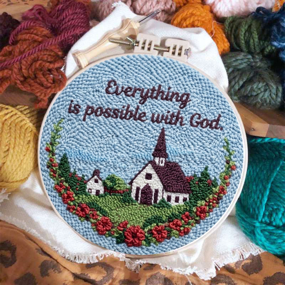 Ruhige ländliche Kleinstadt mit blauem Himmel – Punch-Needle-Set – Wunderschöner Wandbehang | Ideal für DIY-Bastelfreunde - image 6