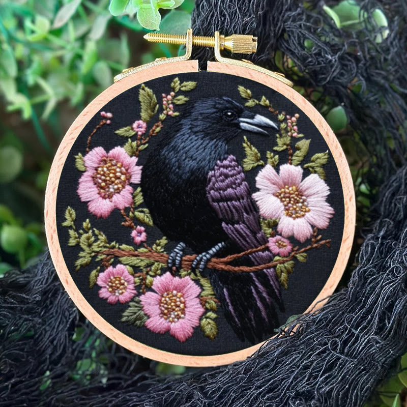 Rubbyoo Stickset – Gotischer Rabe mit rosa Blumen | Handarbeit - image 9
