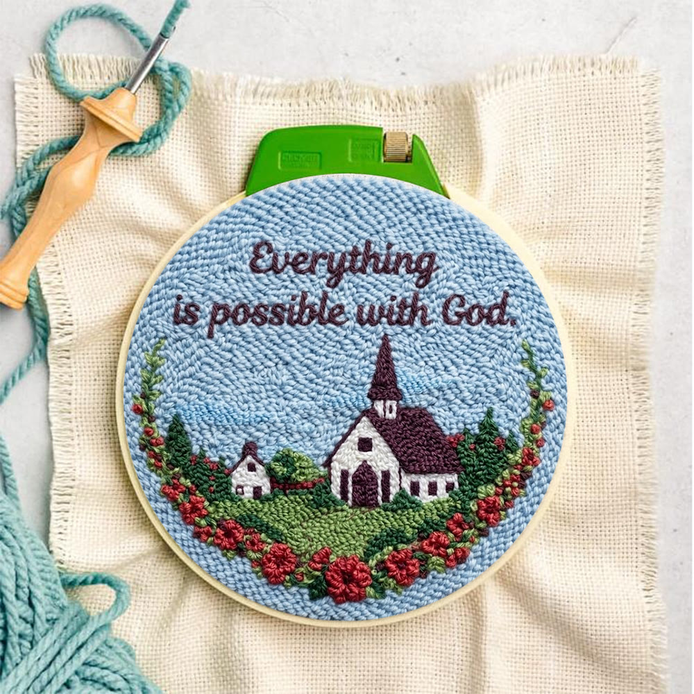 Ruhige ländliche Kleinstadt mit blauem Himmel – Punch-Needle-Set – Wunderschöner Wandbehang | Ideal für DIY-Bastelfreunde - image 5