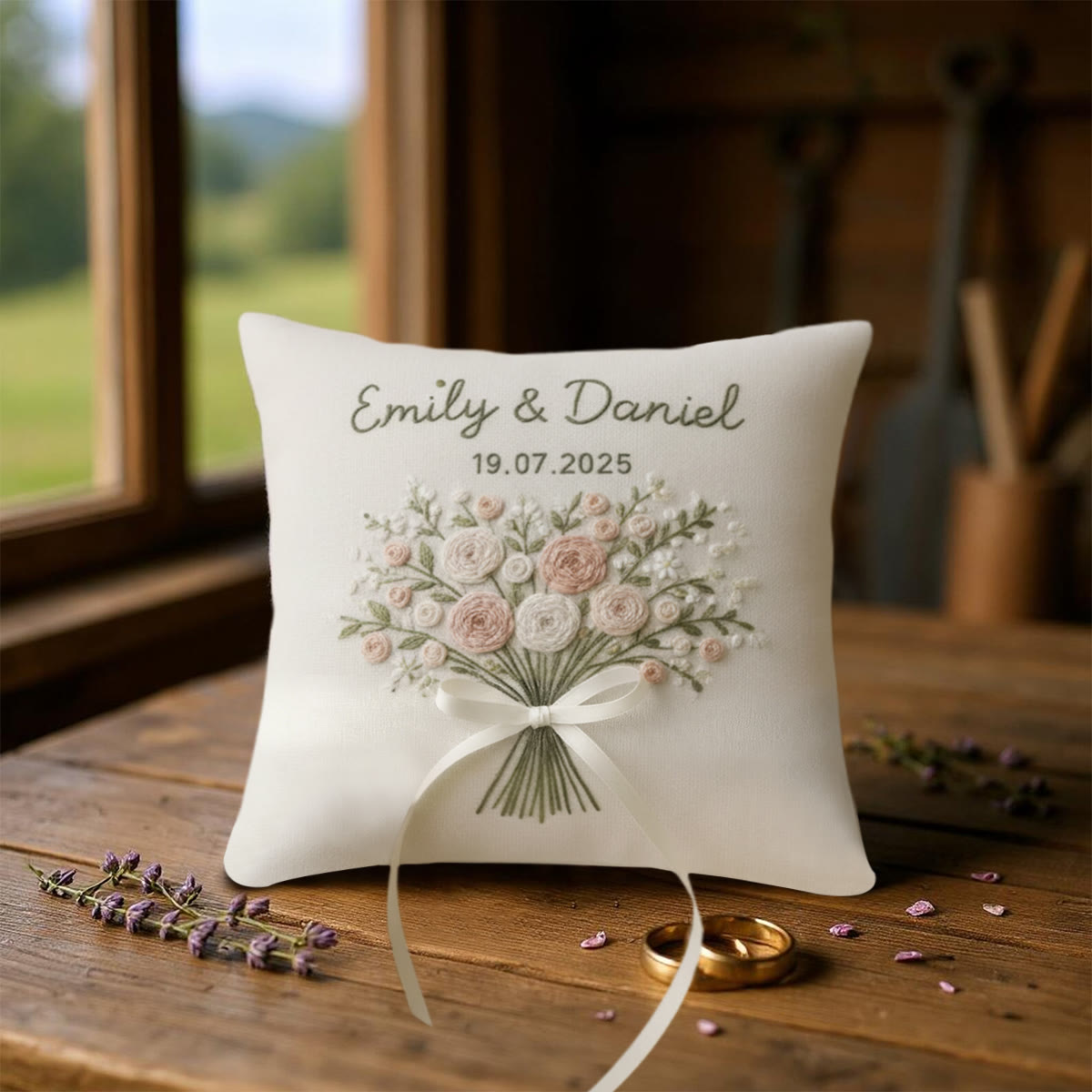 Rubbyoo Personalisiertes Ringkissen-Stickset – Zartrosa-weißes Blumenstraußband | Exquisites handgefertigtes Unikat | Geschenkidee zum Jahrestag - image 5