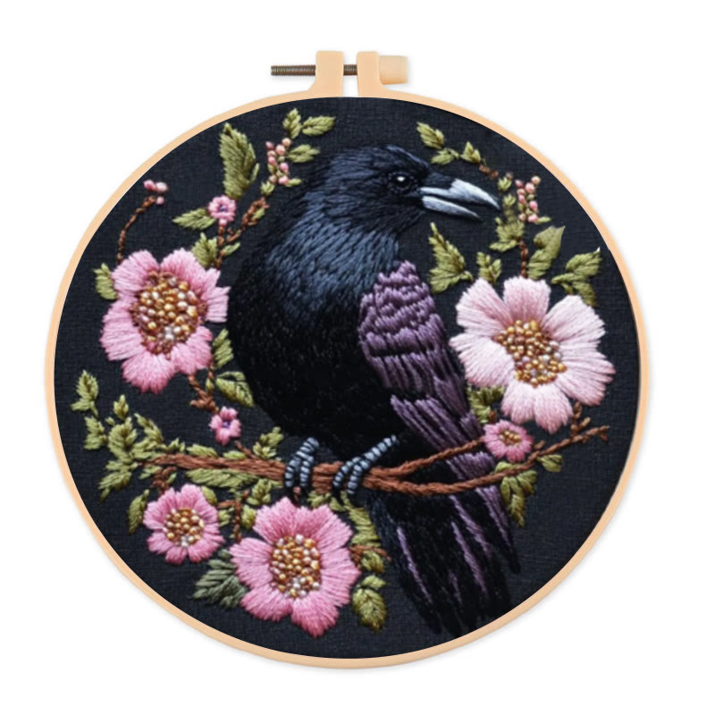 Rubbyoo Stickset – Gotischer Rabe mit rosa Blumen | Handarbeit - 15*15cm - Stickset - image 1