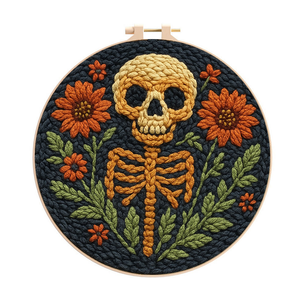 Blumen-Totenkopf-Punch-Needle-Set – DIY-Punch-Needle-Untersetzer | Gruselige Halloween-Kunst | Schöner Wandbehang - 8-Zoll-Reifenset - image 1