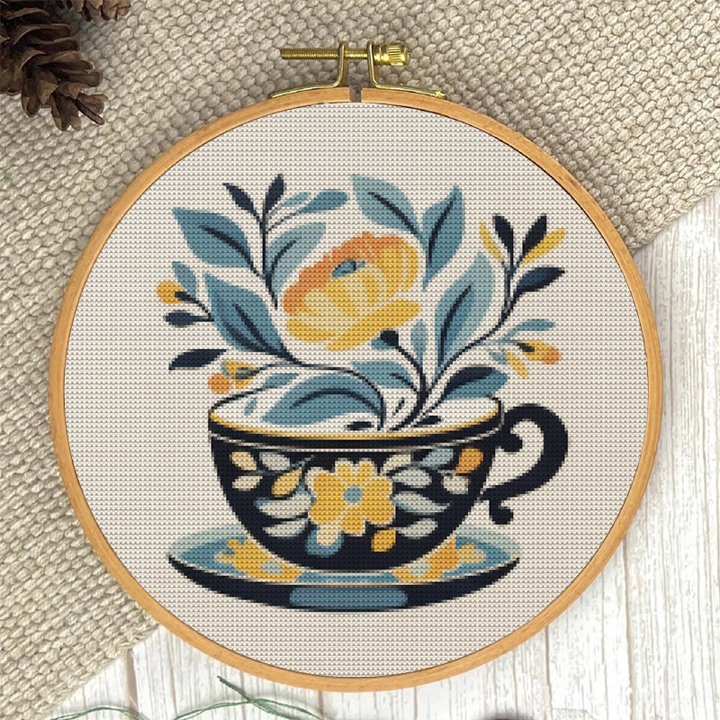 Kreuzstich-Set – Blumen-Teetasse | Elegante Handarbeit | Stickrahmen-Dekoration zum Aufhängen - image 5