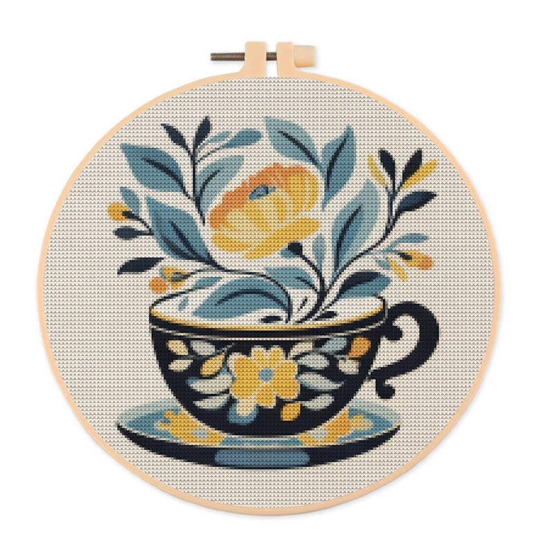 Kreuzstich-Set – Blumen-Teetasse | Elegante Handarbeit | Stickrahmen-Dekoration zum Aufhängen - 20×20cm - image 1