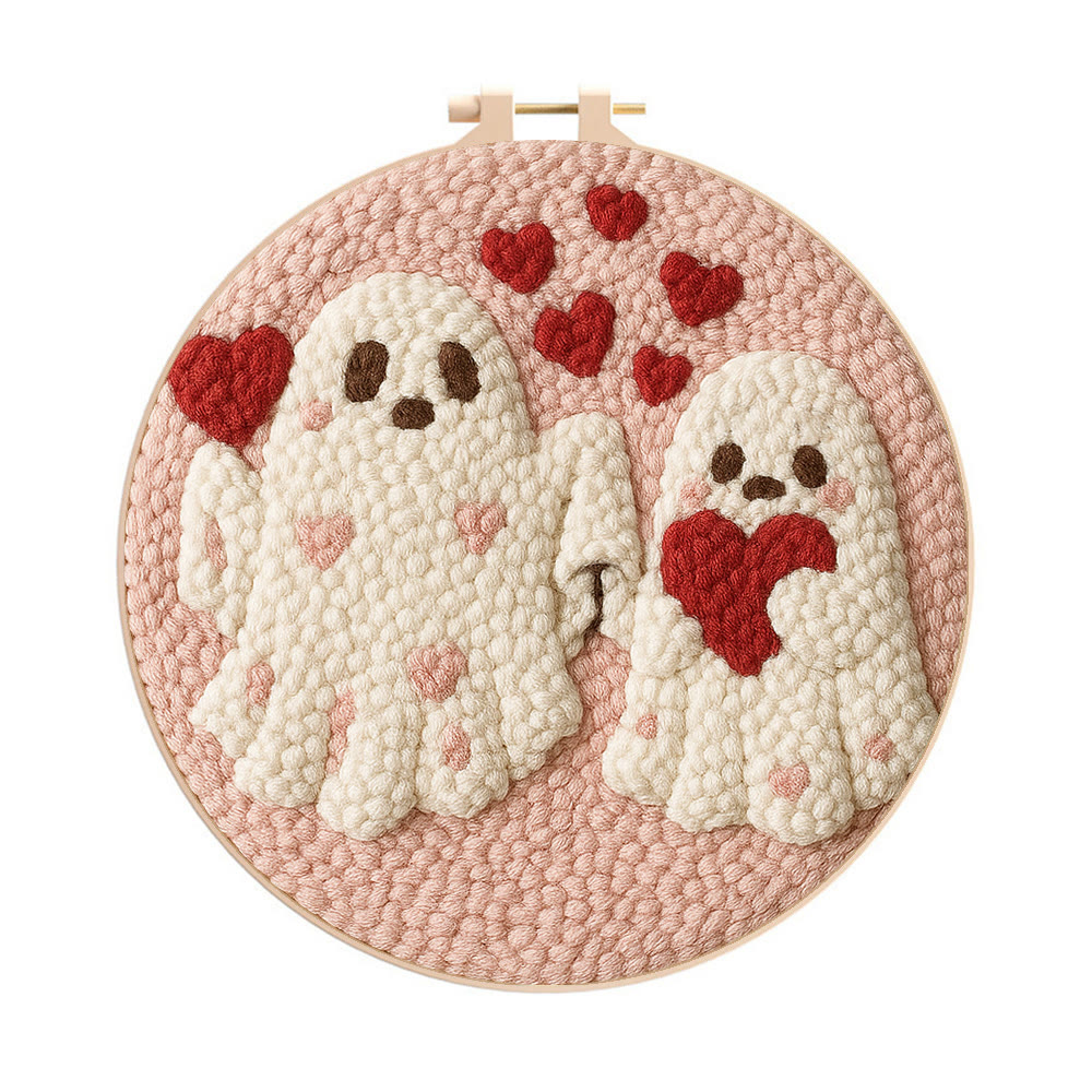 Snuggly Heart Ghost Pair Punch Needle Kit – Anfängerfreundliches DIY-Bastelprojekt | Herzliches Geschenkidee - 8-Zoll-Reifenset - image 1