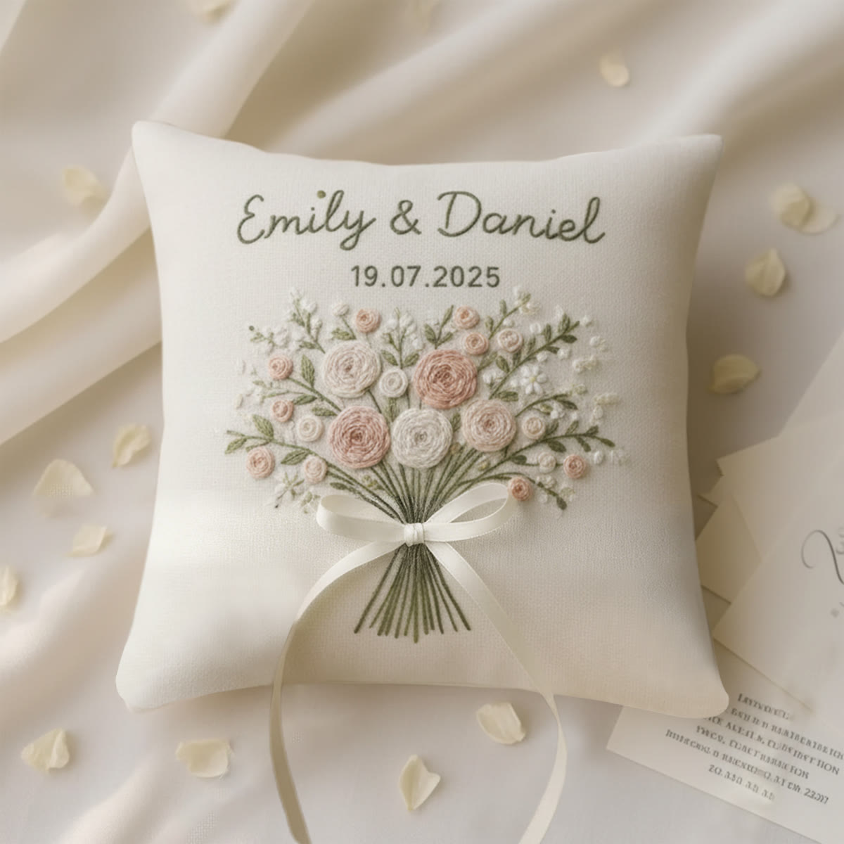 Rubbyoo Personalisiertes Ringkissen-Stickset – Zartrosa-weißes Blumenstraußband | Exquisites handgefertigtes Unikat | Geschenkidee zum Jahrestag - 6-Zoll-Reifen-Set - image 1