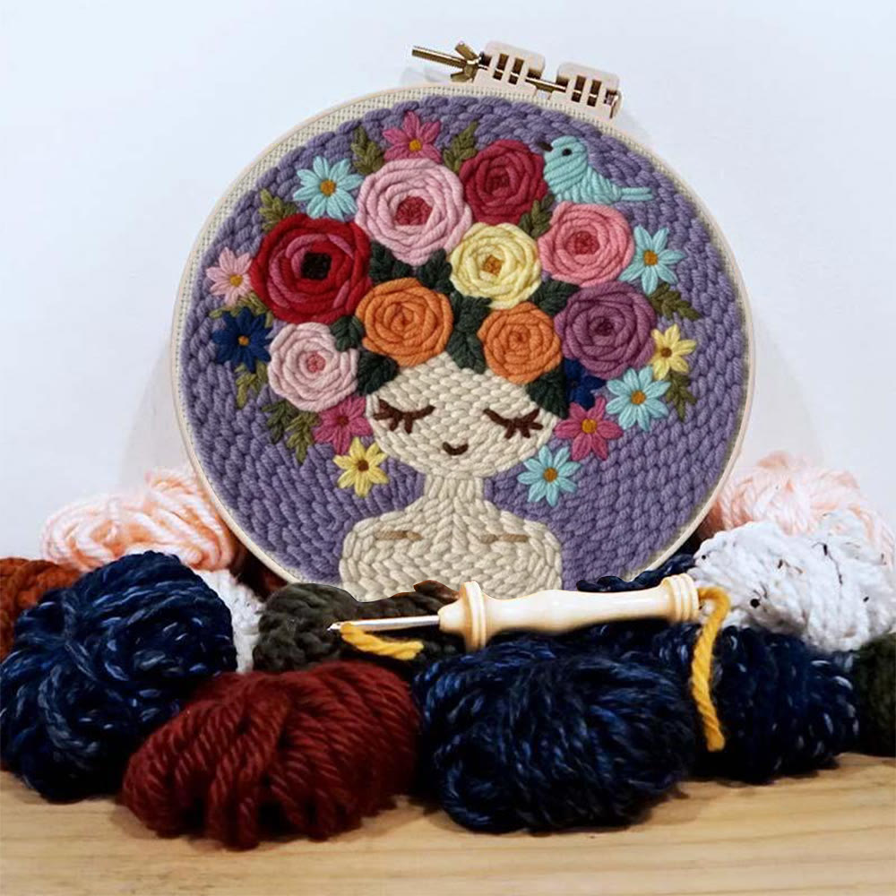 Pastellfarbenes Blumenporträt mit Vogel – Punch-Needle-Set – Künstlerisches DIY-Handwerk | Elegante Wohndekoration - image 2