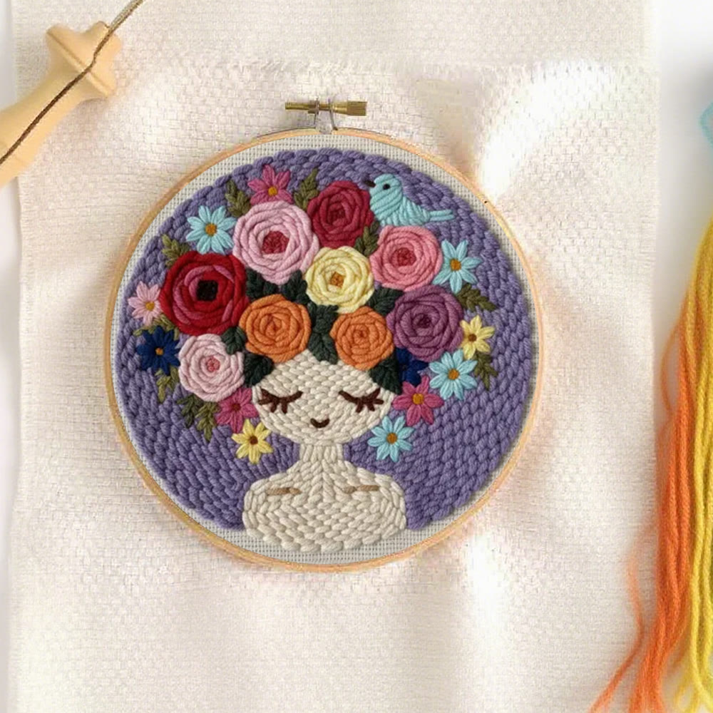 Pastellfarbenes Blumenporträt mit Vogel – Punch-Needle-Set – Künstlerisches DIY-Handwerk | Elegante Wohndekoration - image 7