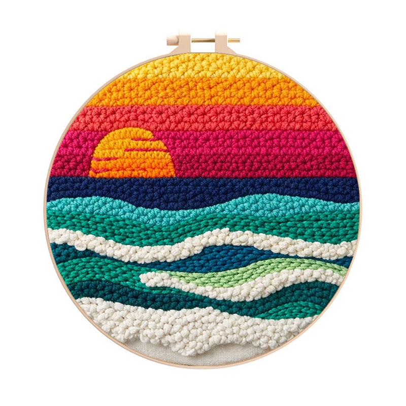 Punch Needle Set „Sonnenuntergangs-Ozeanwellen“ – Künstlerisches DIY-Erlebnis | Lebendiger Küsten-Akzent für Ihr Zuhause - 8-Zoll-Reifenset - image 1