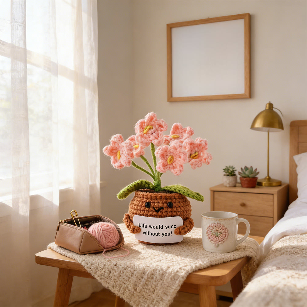 Positive Häkelarbeit – Fröhliches Blumenmuster | Positive Schreibtischdeko | Geschenk für Sie - Vergissmeinnicht - Rosa - image 8