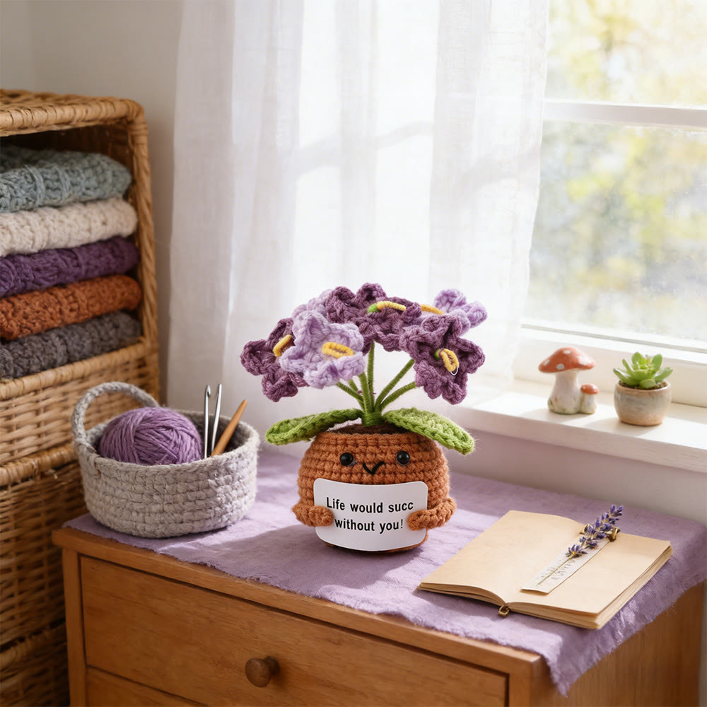 Positive Häkelarbeit – Fröhliches Blumenmuster | Positive Schreibtischdeko | Geschenk für Sie - Vergissmeinnicht – Farbverlauf Lila - image 9