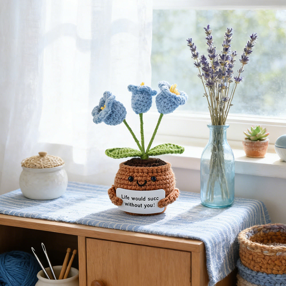 Positive Häkelarbeit – Fröhliches Blumenmuster | Positive Schreibtischdeko | Geschenk für Sie - Maiglöckchen - Hellblau - image 4