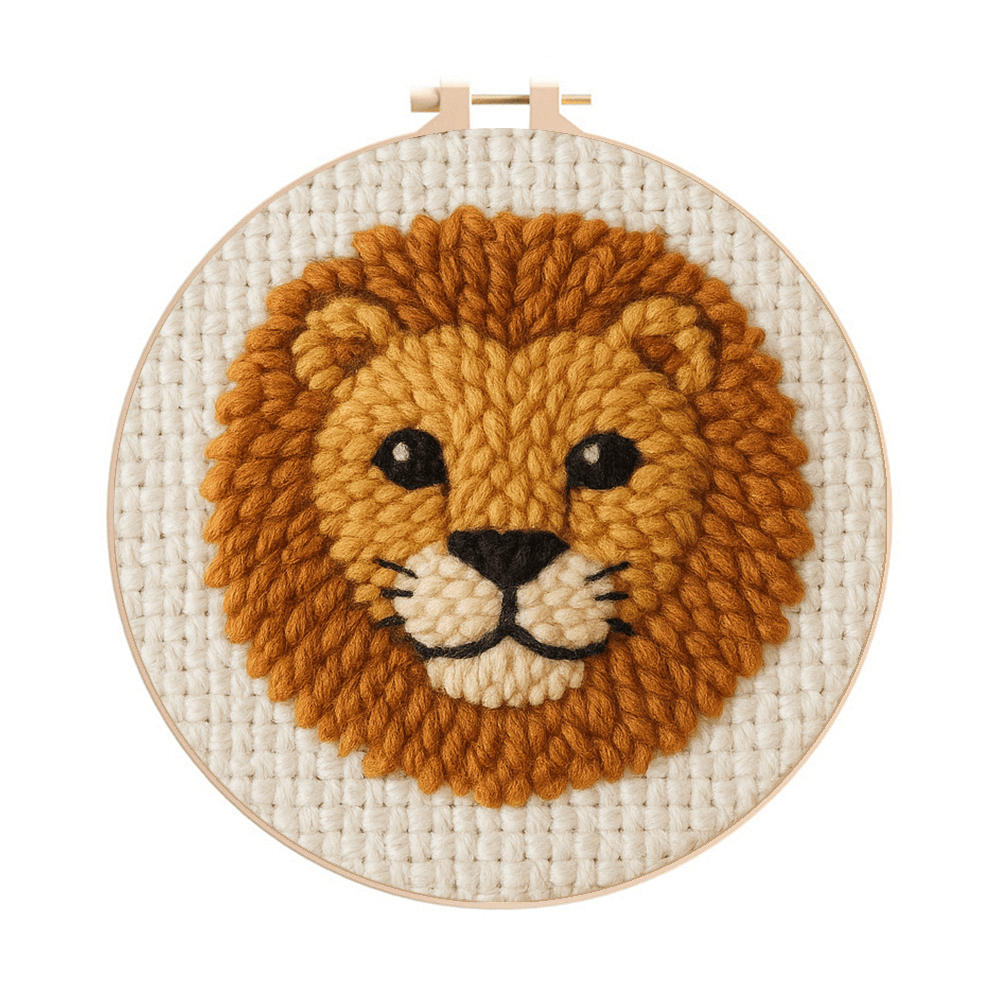 Niedliches Löwen-Punch-Needle-Set – Handgefertigtes Tier-Garn-Bastelset | DIY-Geschenk für Kinder - 8-Zoll-Reifenset - image 1
