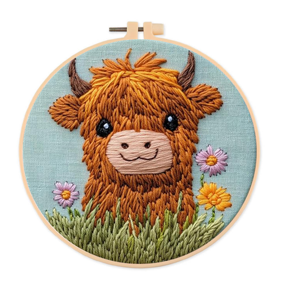 Blumen-Kuh-Punch-Needle-Set – Niedliches Tierbastelprojekt | Einfach für Erwachsene und Kinder - 8-Zoll-Reifenset - image 1