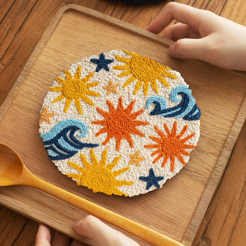 Punch Needle Set „Sonnige Küstenwelle“ – Fröhliches Basteln | Lebendige Wohndekoration - 5-Zoll-Untersetzer-Set - image 4