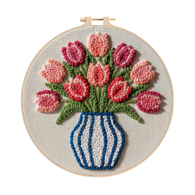 Gestreiftes Tulpenstrauß-Punch-Needle-Set mit Vase – Charmante Handarbeit | Eine liebevolle Geschenkidee - 8-Zoll-Reifenset - image 1
