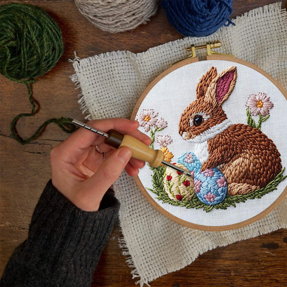 Sticknadel-Set mit braunem Hasen und Blumeneiern – Elegantes Bastelset | Zeitloses Geschenk - image 3