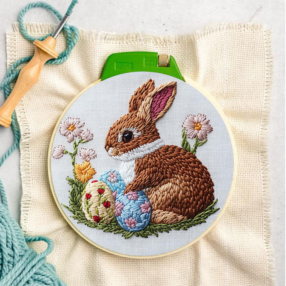 Sticknadel-Set mit braunem Hasen und Blumeneiern – Elegantes Bastelset | Zeitloses Geschenk - image 2