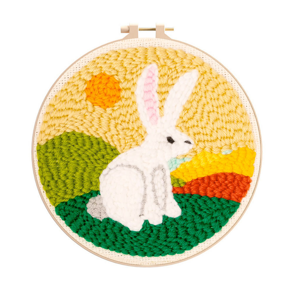 Sunny Meadow White Bunny Punch Needle Kit – Schnelles Bastelprojekt | Frühlings-Highlight - 8-Zoll-Reifenset - image 1