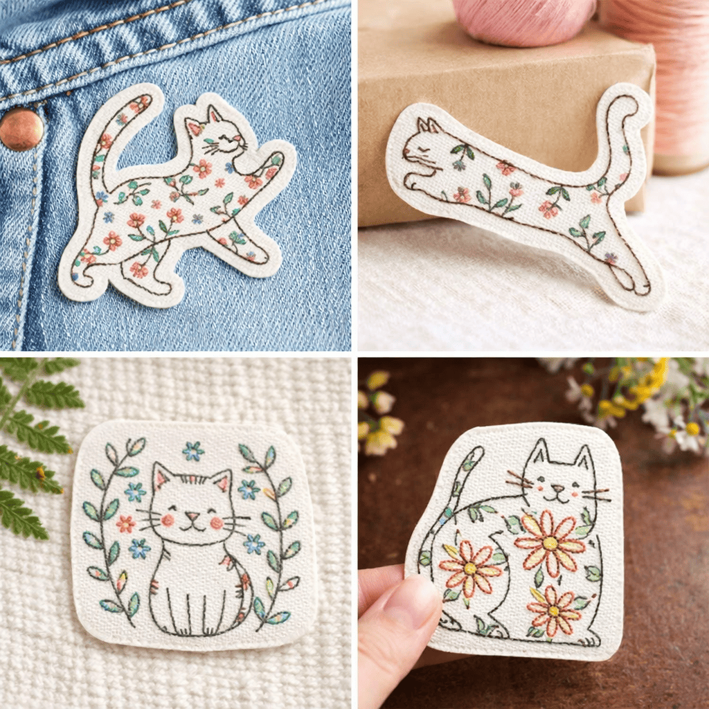 Stickmuster für süße Katzenmotive | Stickmuster für ein florales Kätzchen | Auswaschbarer Stickvlies - image 3