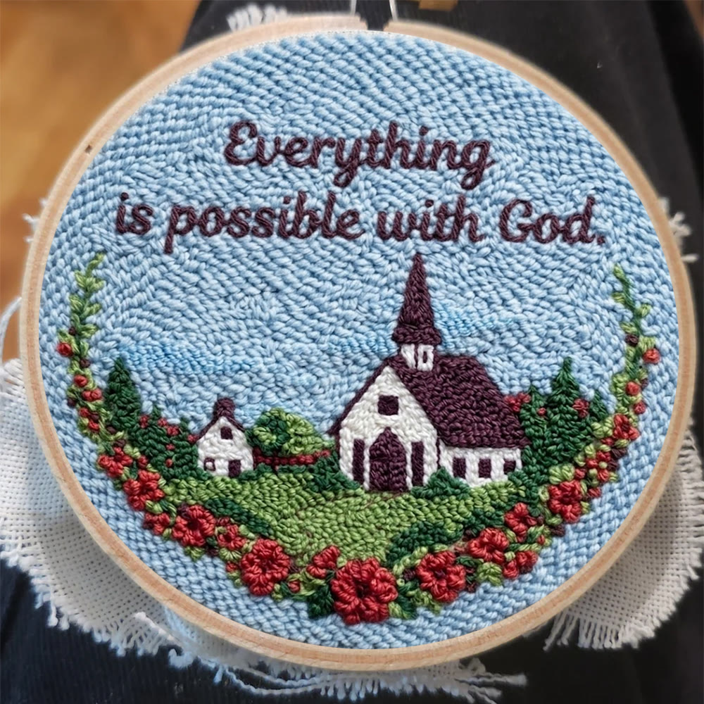 Ruhige ländliche Kleinstadt mit blauem Himmel – Punch-Needle-Set – Wunderschöner Wandbehang | Ideal für DIY-Bastelfreunde - image 3