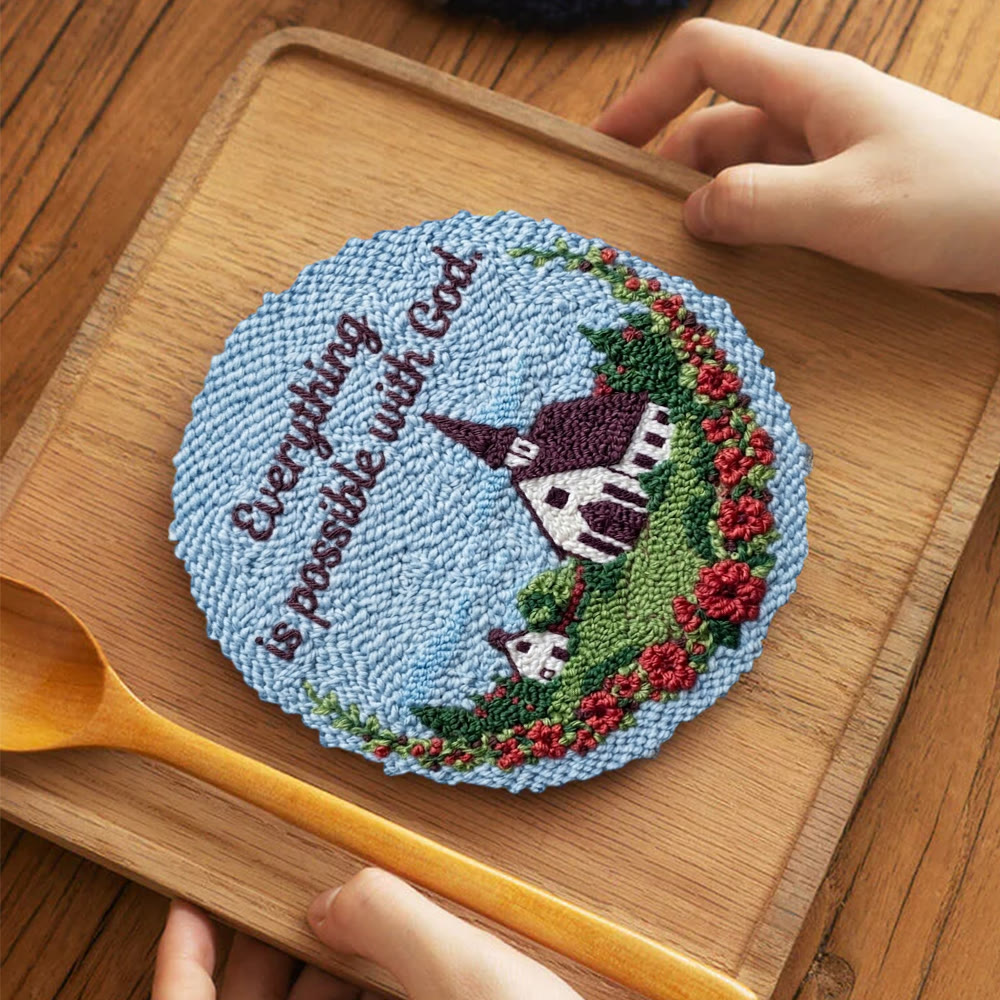 Ruhige ländliche Kleinstadt mit blauem Himmel – Punch-Needle-Set – Wunderschöner Wandbehang | Ideal für DIY-Bastelfreunde - 5-Zoll-Untersetzer-Set - image 2