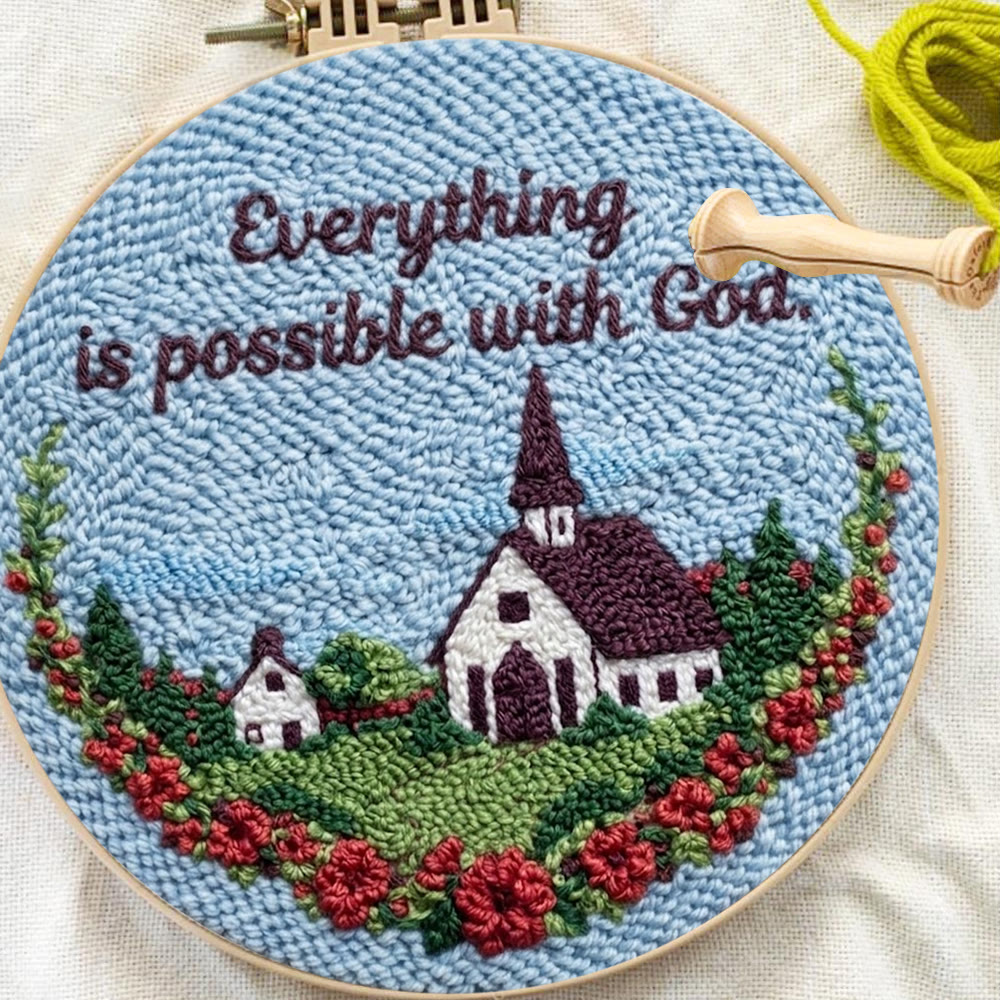 Ruhige ländliche Kleinstadt mit blauem Himmel – Punch-Needle-Set – Wunderschöner Wandbehang | Ideal für DIY-Bastelfreunde - image 7