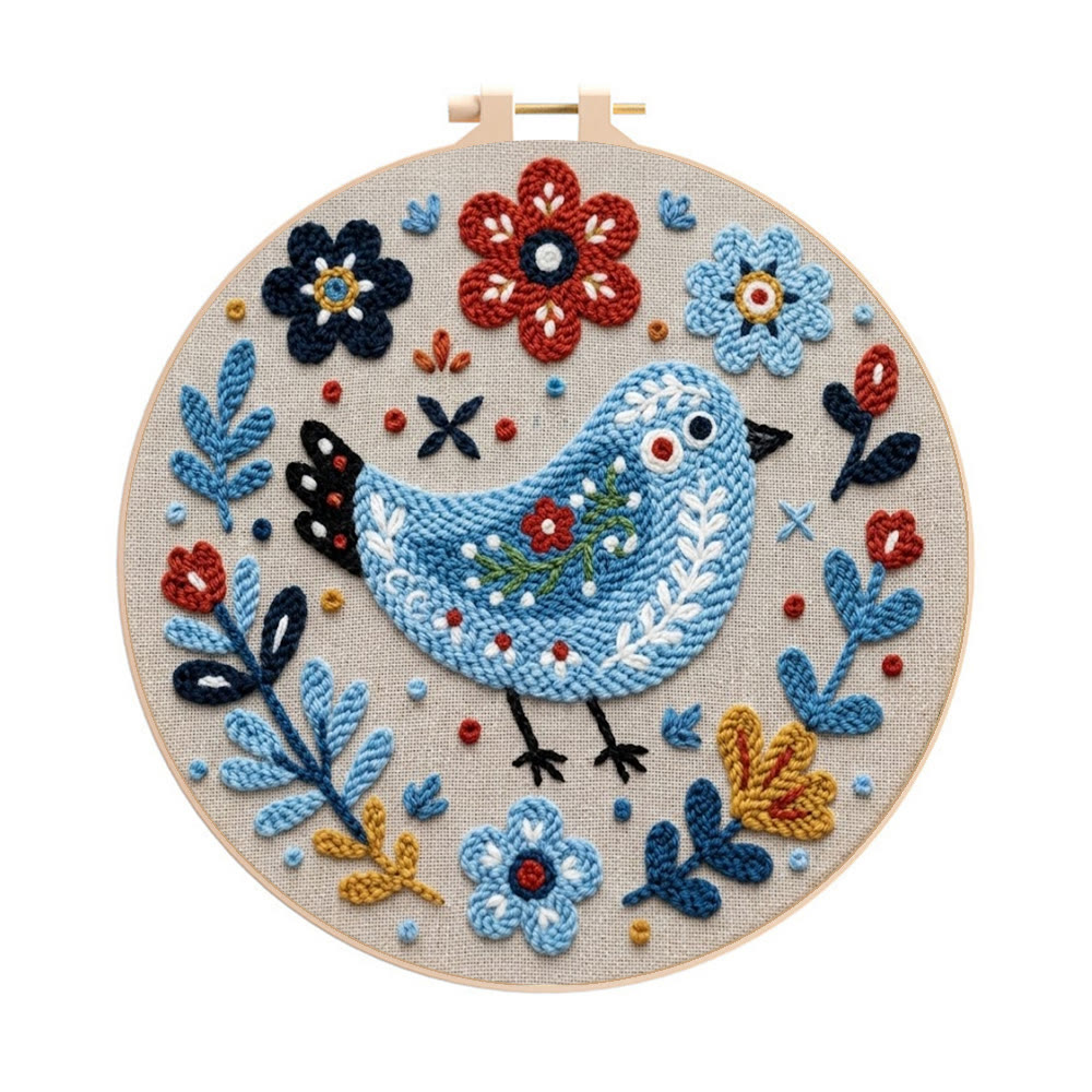 Volkskunst-Punch-Needle-Set „Blauer Vogel zwischen Blüten“ – Exquisite Heimdekoration | Ideal für Anfänger - 8-Zoll-Reifenset - image 1