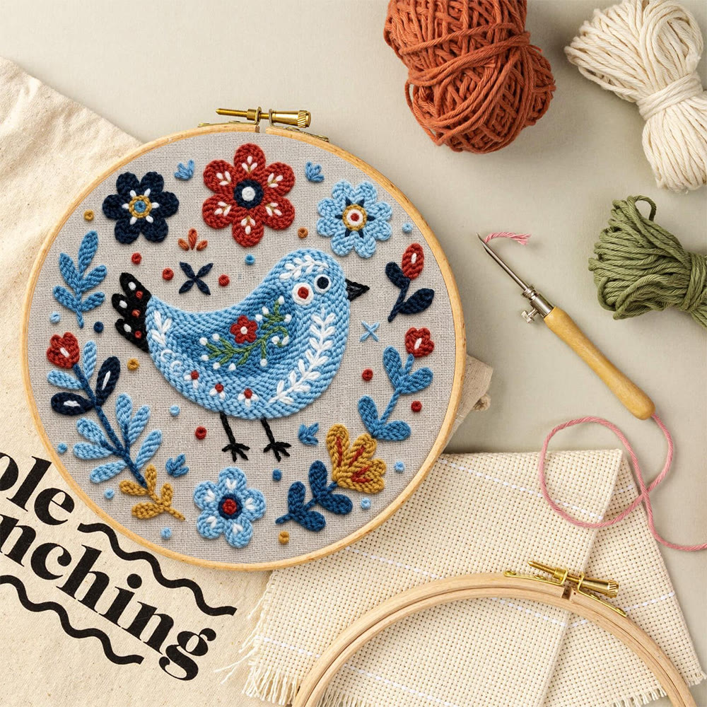 Volkskunst-Punch-Needle-Set „Blauer Vogel zwischen Blüten“ – Exquisite Heimdekoration | Ideal für Anfänger - image 9