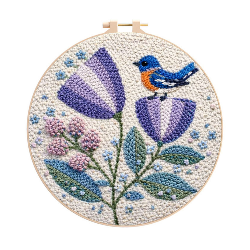 Lila Blume mit kleinem Vogel – Punch-Needle-Set – Gemütliche Wohndekoration | Einfach selbstgemachte Kunst - 8-Zoll-Reifenset - image 1