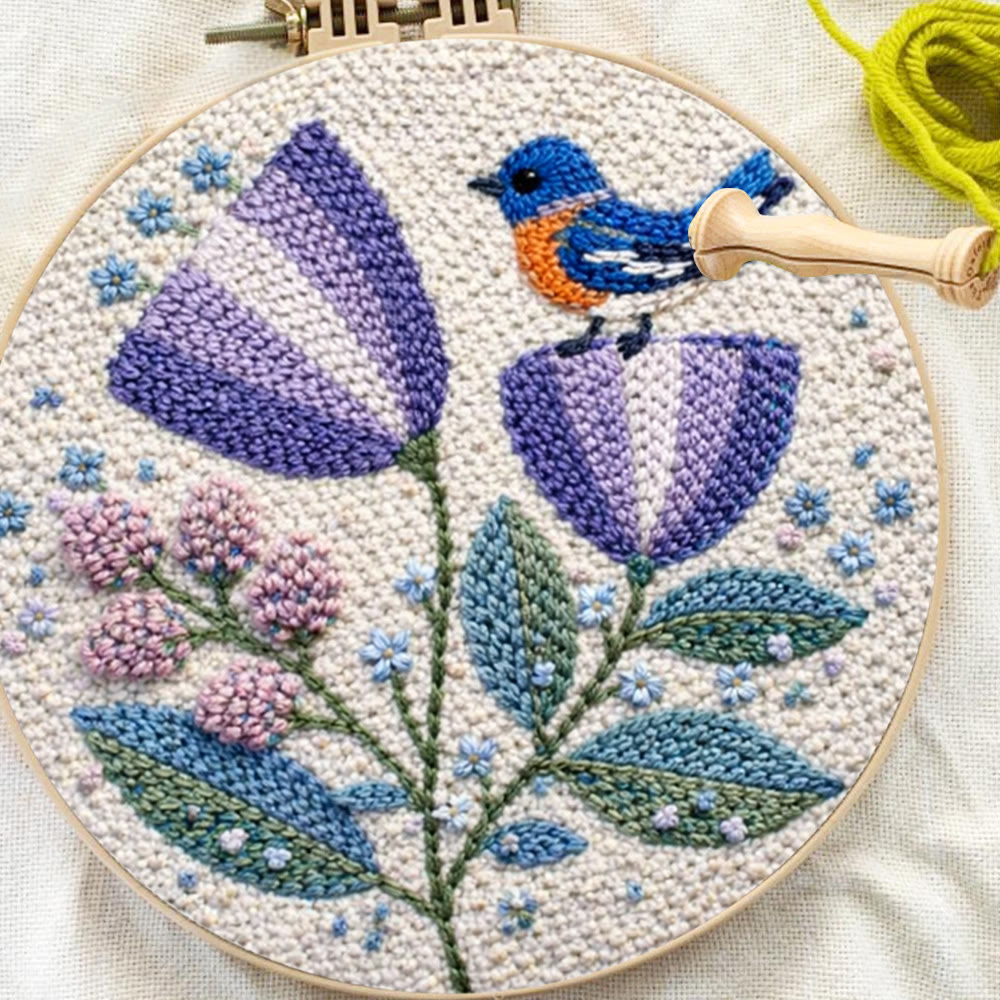 Lila Blume mit kleinem Vogel – Punch-Needle-Set – Gemütliche Wohndekoration | Einfach selbstgemachte Kunst - image 6