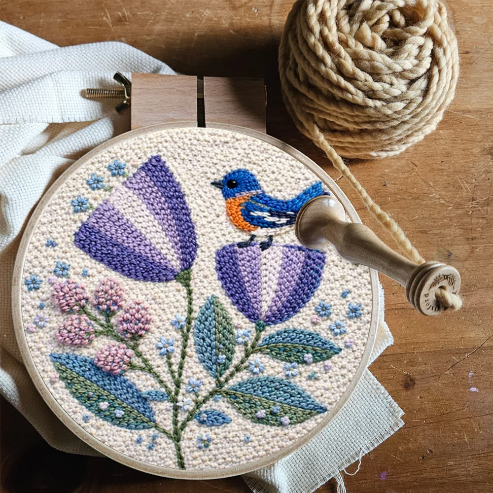 Lila Blume mit kleinem Vogel – Punch-Needle-Set – Gemütliche Wohndekoration | Einfach selbstgemachte Kunst - image 8