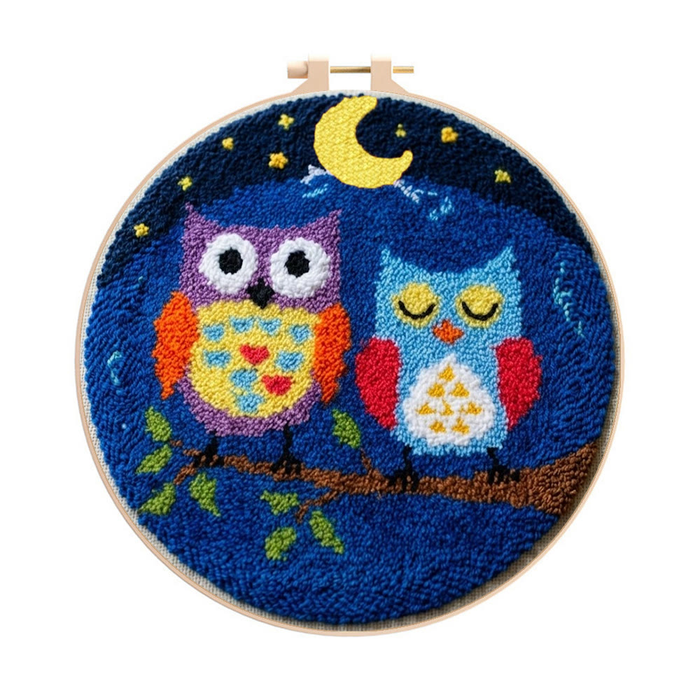 „Eule in der Nacht“ Punch Needle Set – Handgefertigter Garnrahmen | Einzigartiges Wohnaccessoire - 8-Zoll-Reifenset - image 1
